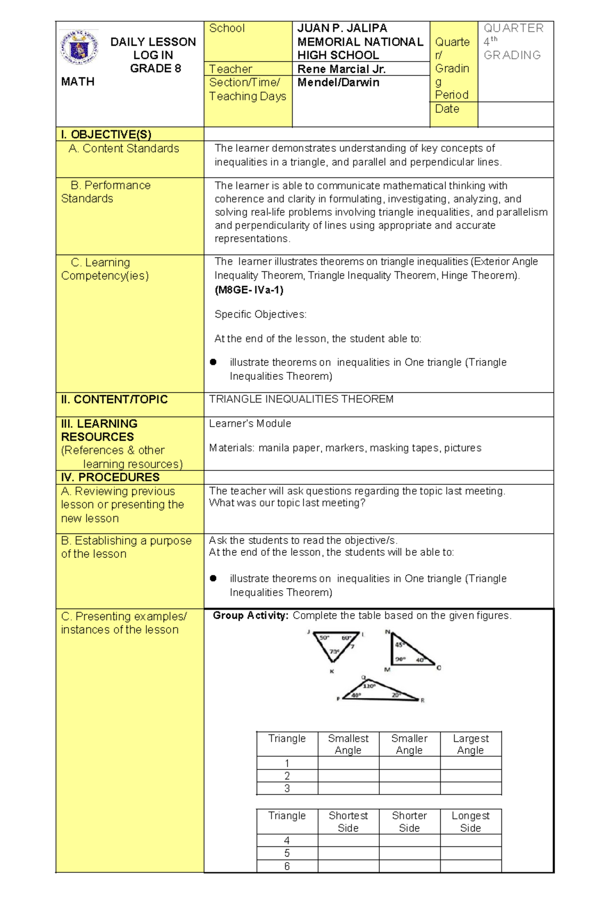 MATH 8 Daily Lesson Log: Triangle Inequalities Theorem - Studocu