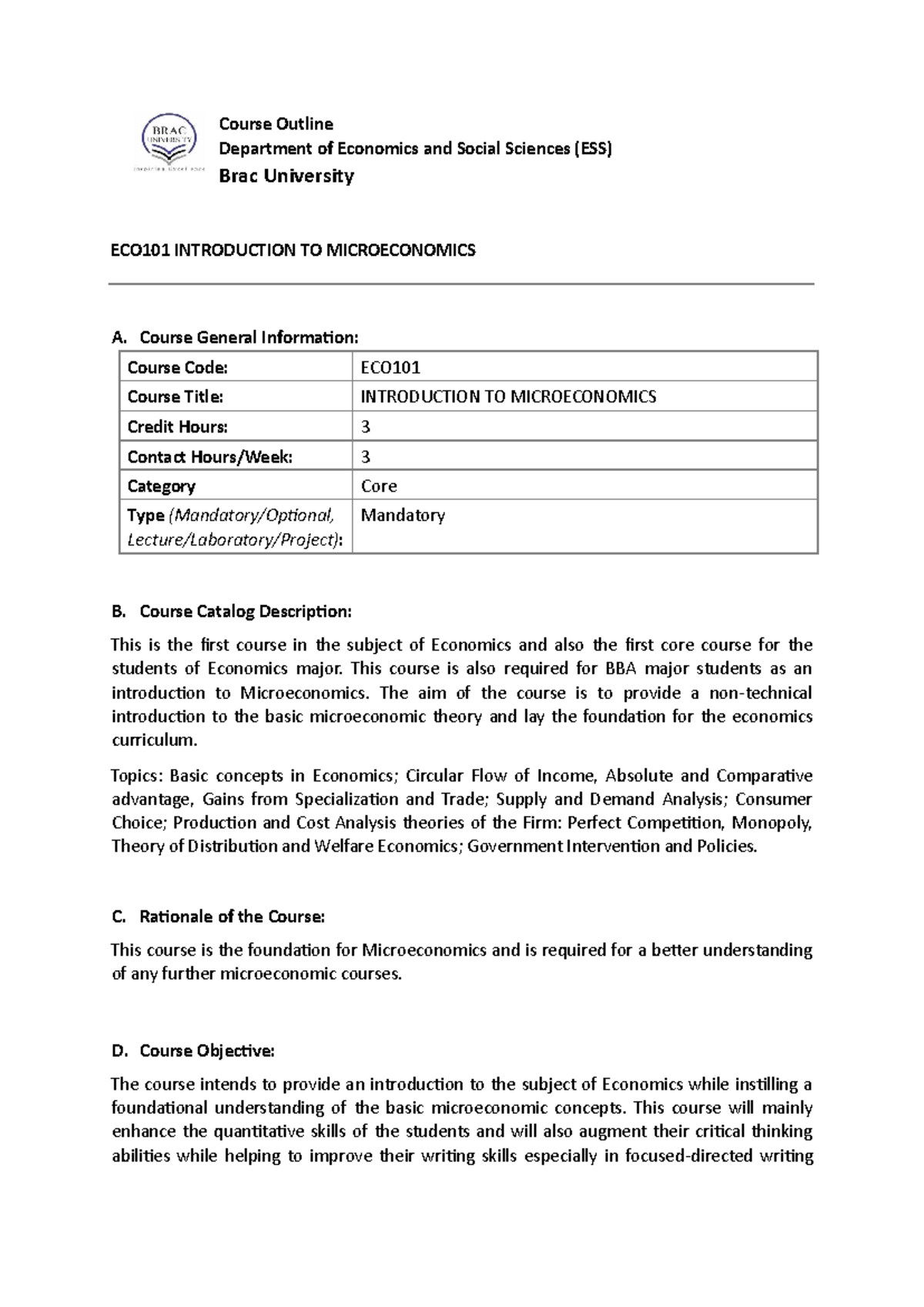 ECO101 Introduction to Microeconomics - Detailed Course Outline - Studocu