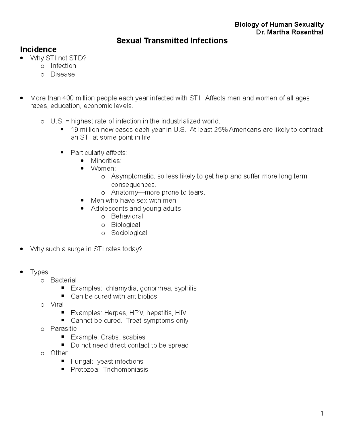 10- STIs - Lecture notes 10 - Biology of Human Sexuality Dr. Martha ...