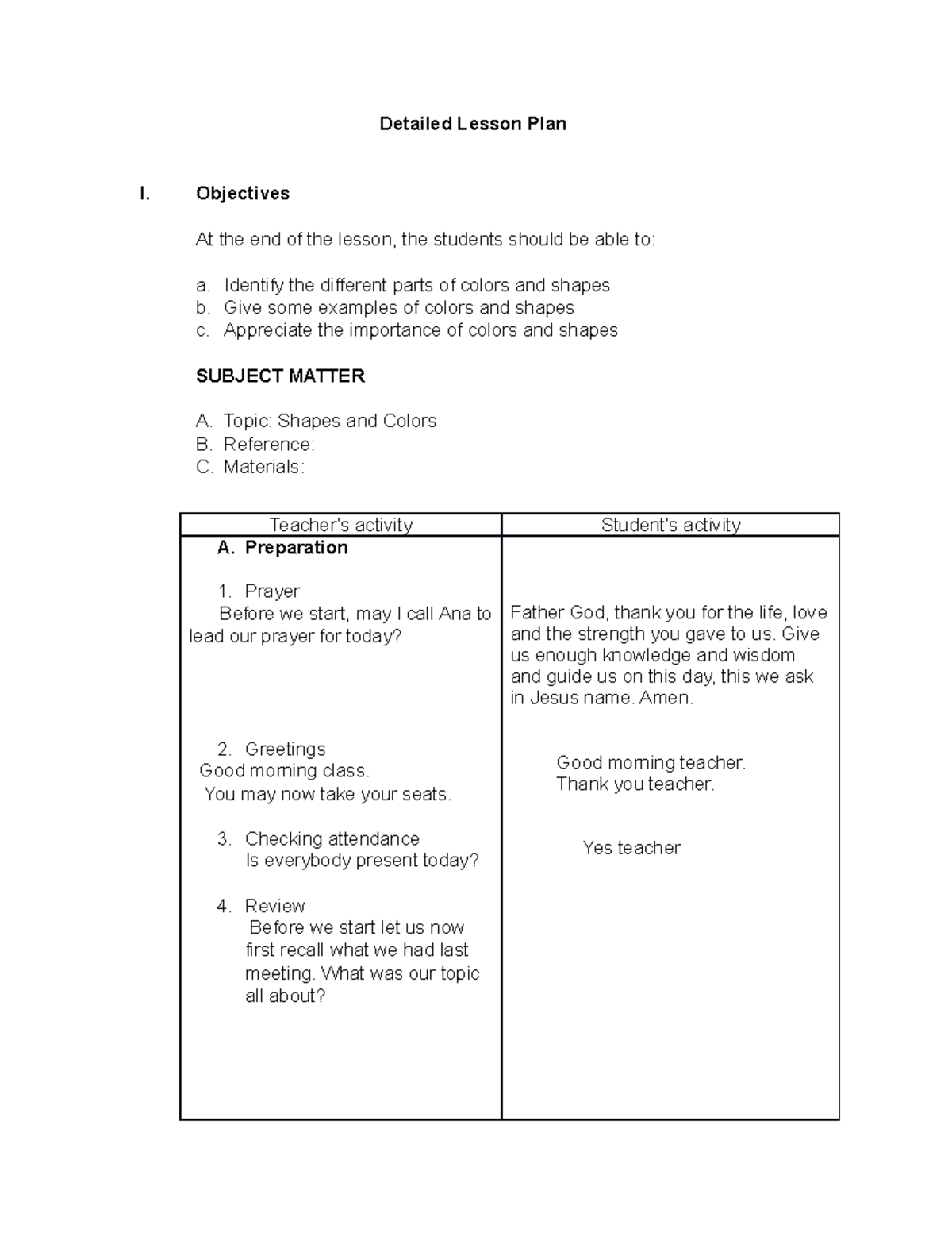 Lesson Plan on Colors and Shapes - MKSC-00- - Studocu