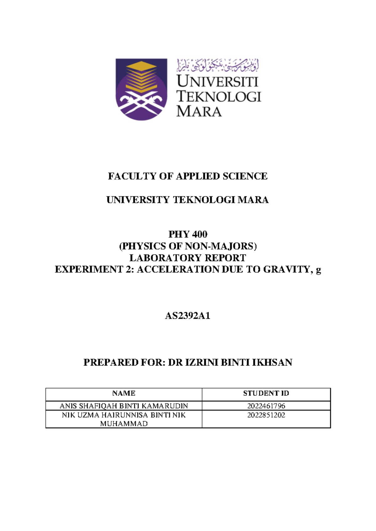 LAB Report PHY400 Exp 2: Measuring Acceleration Due to Gravity, g - Studocu