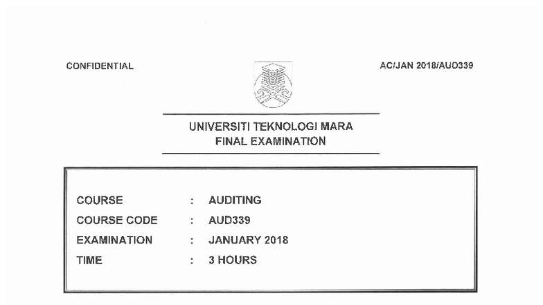 AUD339 Final Exam Paper - Auditing January 2018 - Studocu