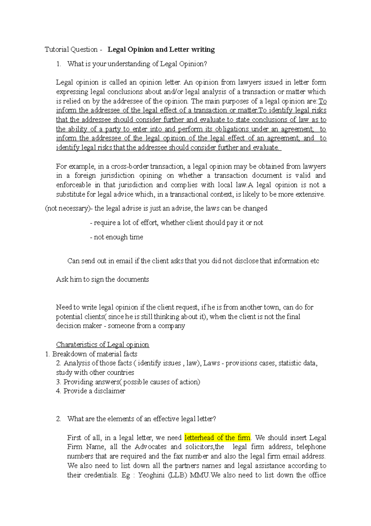 **Legal Writing Tutorial: Opinions and Letters (LAW 101)** - Studocu