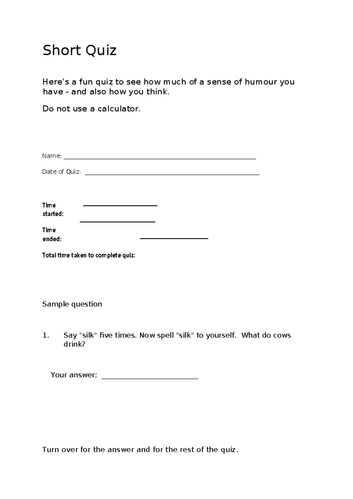Short Quiz 2022: Test Your Humor and Thinking Skills! - Studocu