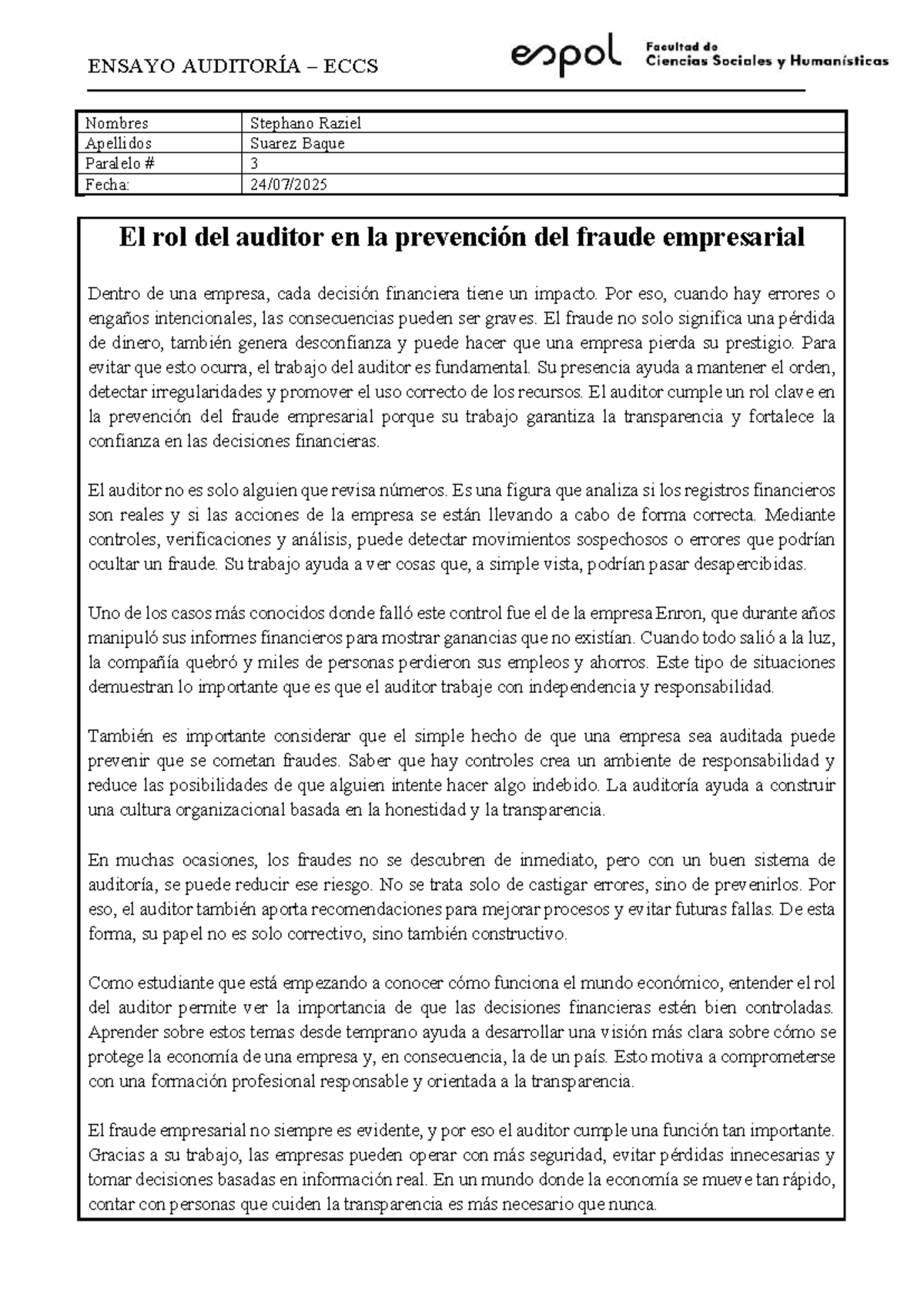 ENSAYO AUDITORÍA ECCS: El Rol del Auditor en la Prevención del Fraude ...