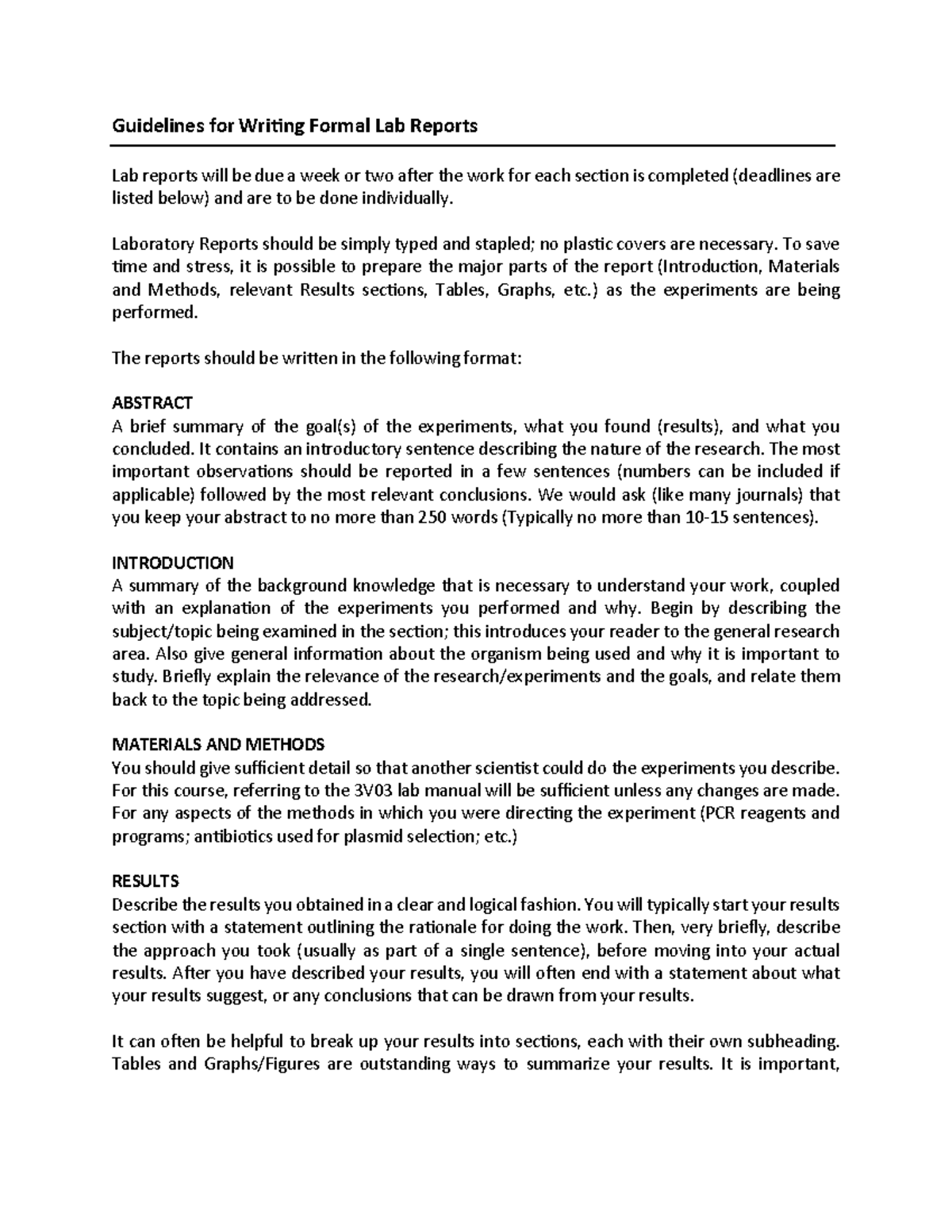 Guidelines for Writing Formal Lab Reports (Biology 3V03) - Studocu