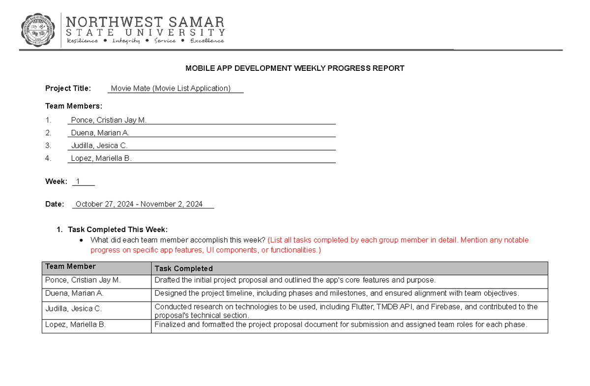 Weekly Progress Report - MOBILE APP DEVELOPMENT WEEKLY PROGRESS REPORT ...