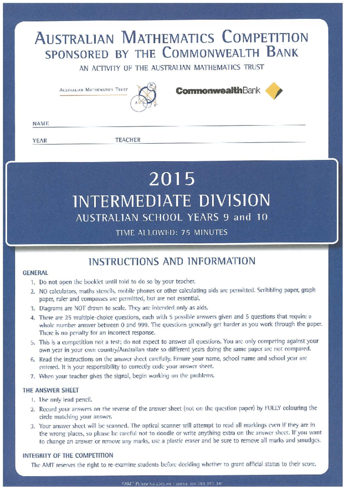 2015 AMC Intermediate Division Math Competition - Years 9 & 10 - Studocu