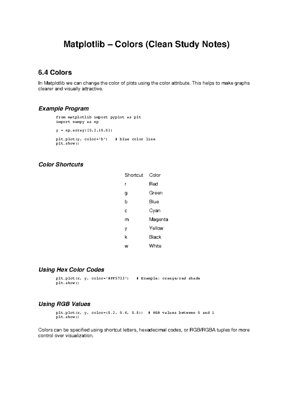 6.4 Matplotlib Colors: Clean Study Notes on Color Attributes - Studocu