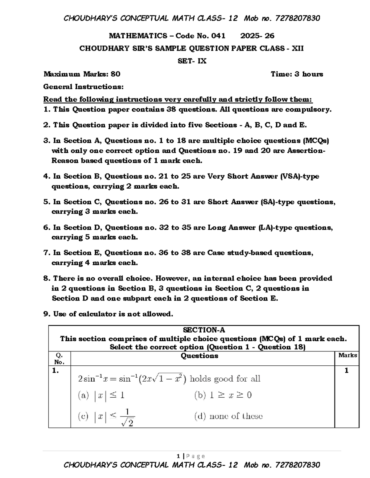 Conceptual Math 12 - Important Questions for Class XII (Set IX) - Studocu