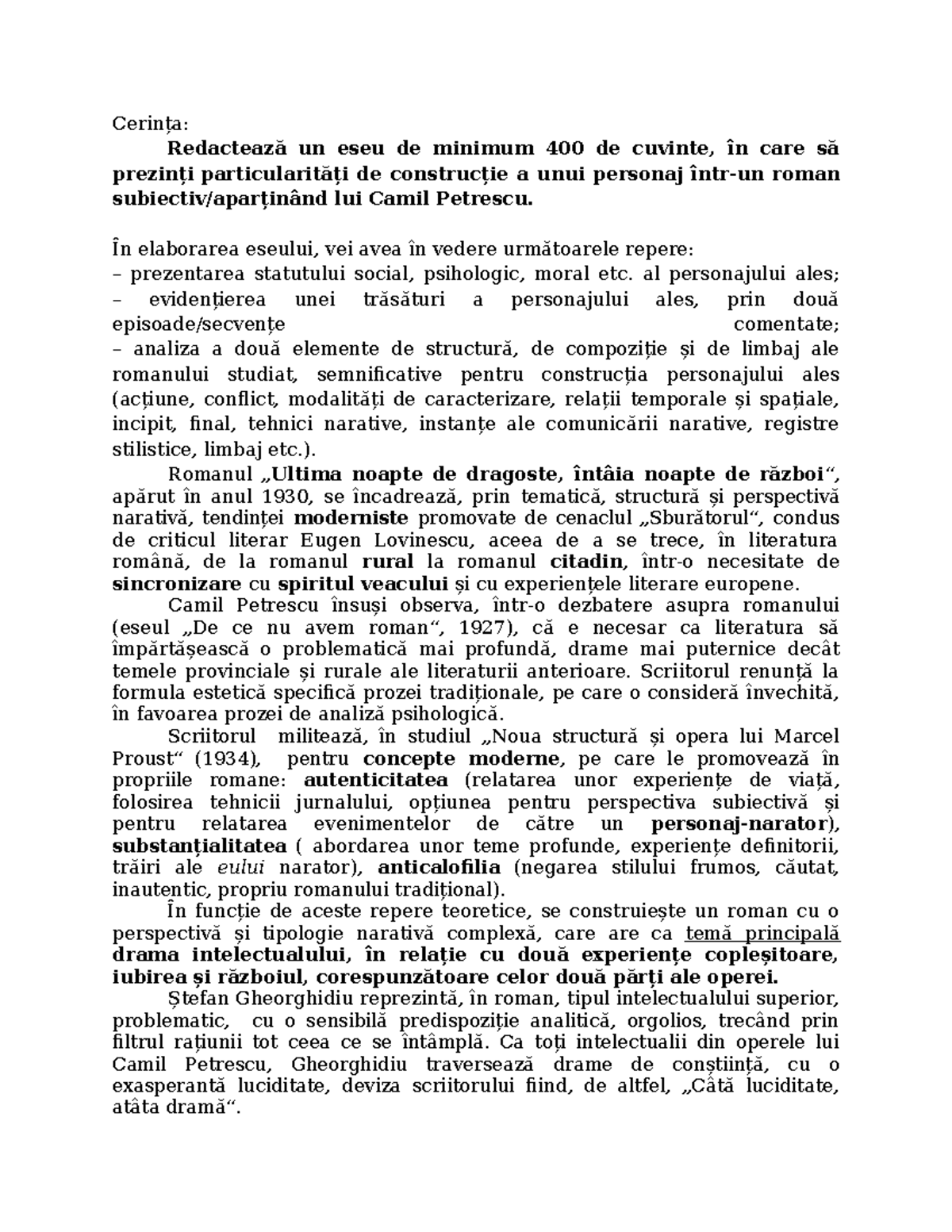 Eseu de Caracterizare: Ștefan Gheorghidiu în "Ultima noapte de dragoste" - Document Preview