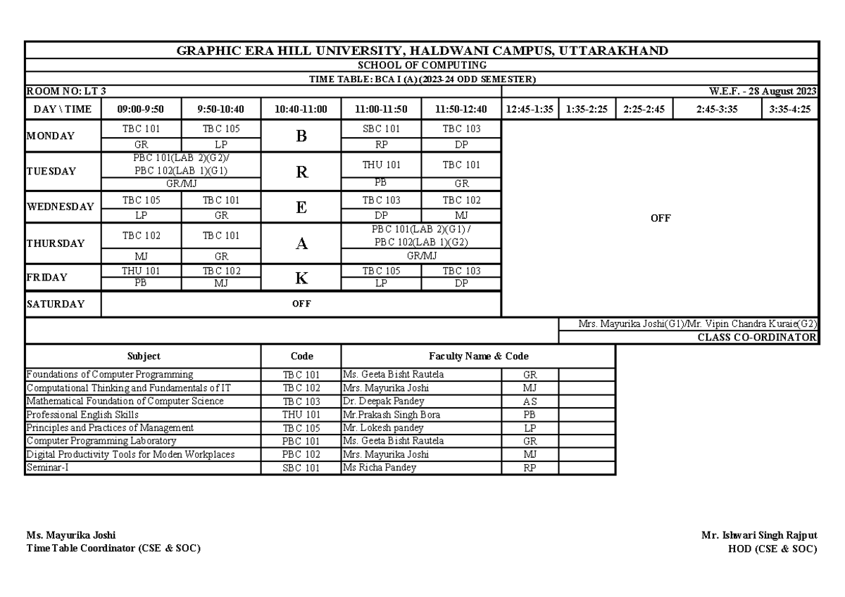 Time Table ODD SEM 2023-24 - ####### DAY \ TIME 09:00-9:50 9:50-10:40 ...