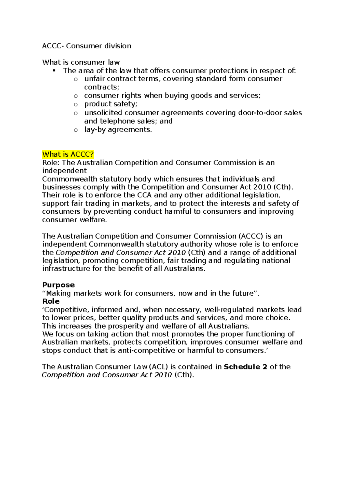 ACCC- consumer division notes - ACCC- Consumer division What is ...