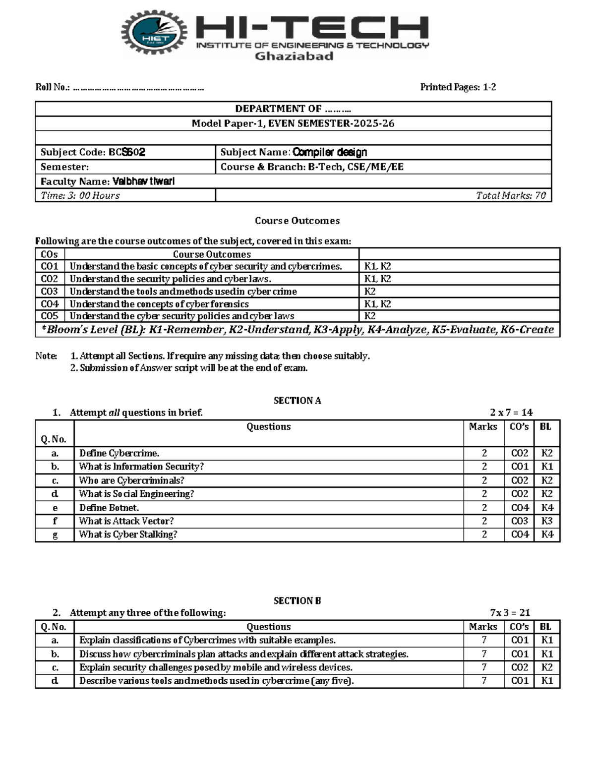 BCS602 Compiler Design Exam Paper Format 2025-26 - Studocu