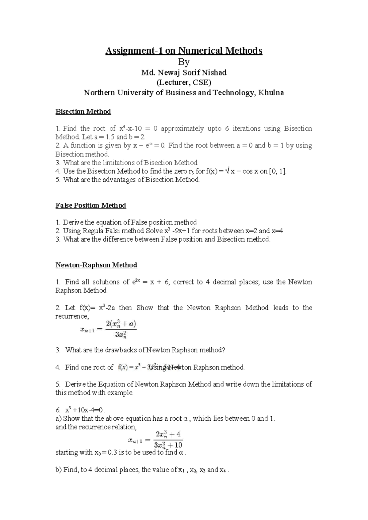 Assignment 1: Numerical Methods - Bisection & Newton Raphson Techniques ...