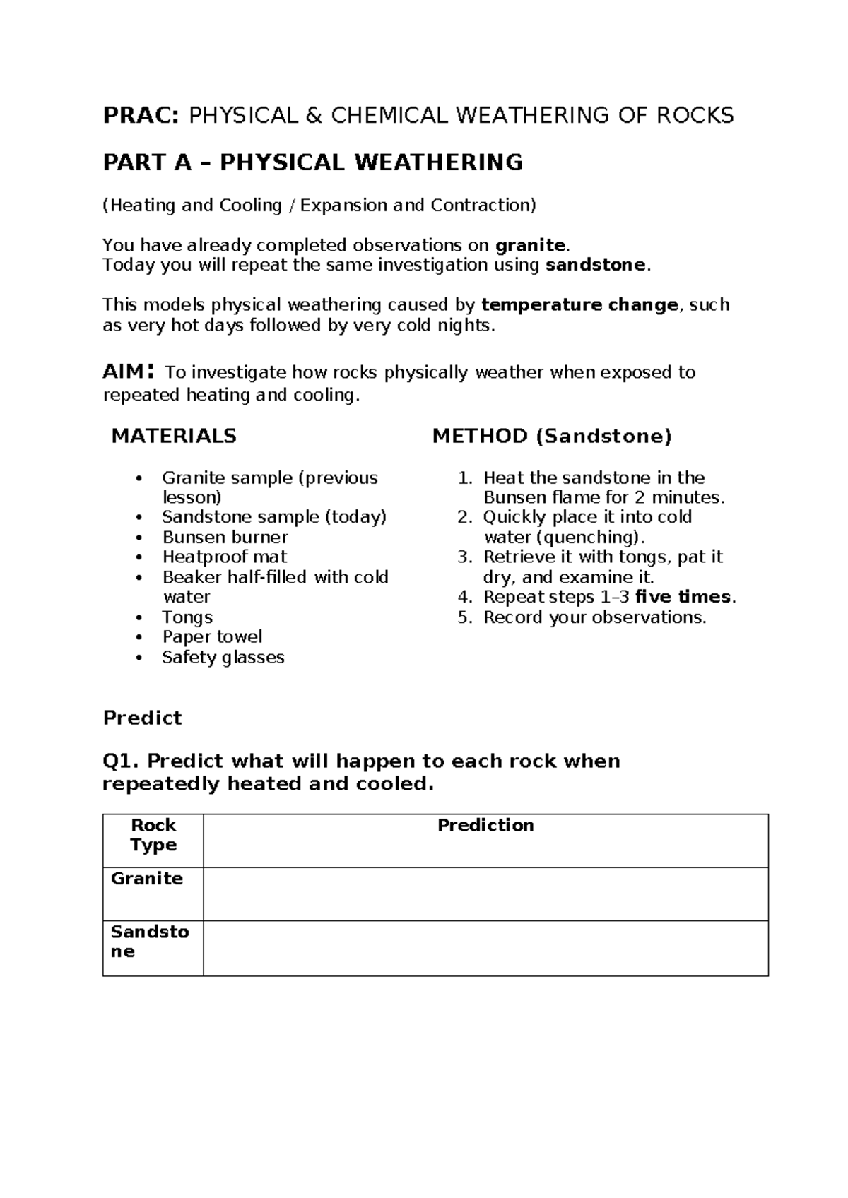 PRAC: PHYSICAL & CHEMICAL WEATHERING OF ROCKS - SANDSTONE EXPERIMENT ...