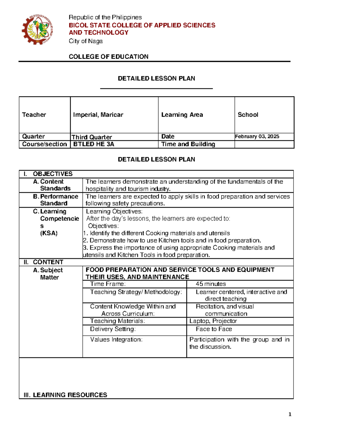 Detailed Lesson Plan (DLP) for Food Preparation & Service Tools - BTLED ...