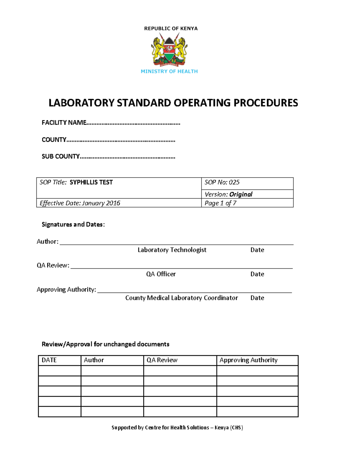 SOP - Syphilis Testing Procedures (SOP No: 025) - Laboratory Guide ...