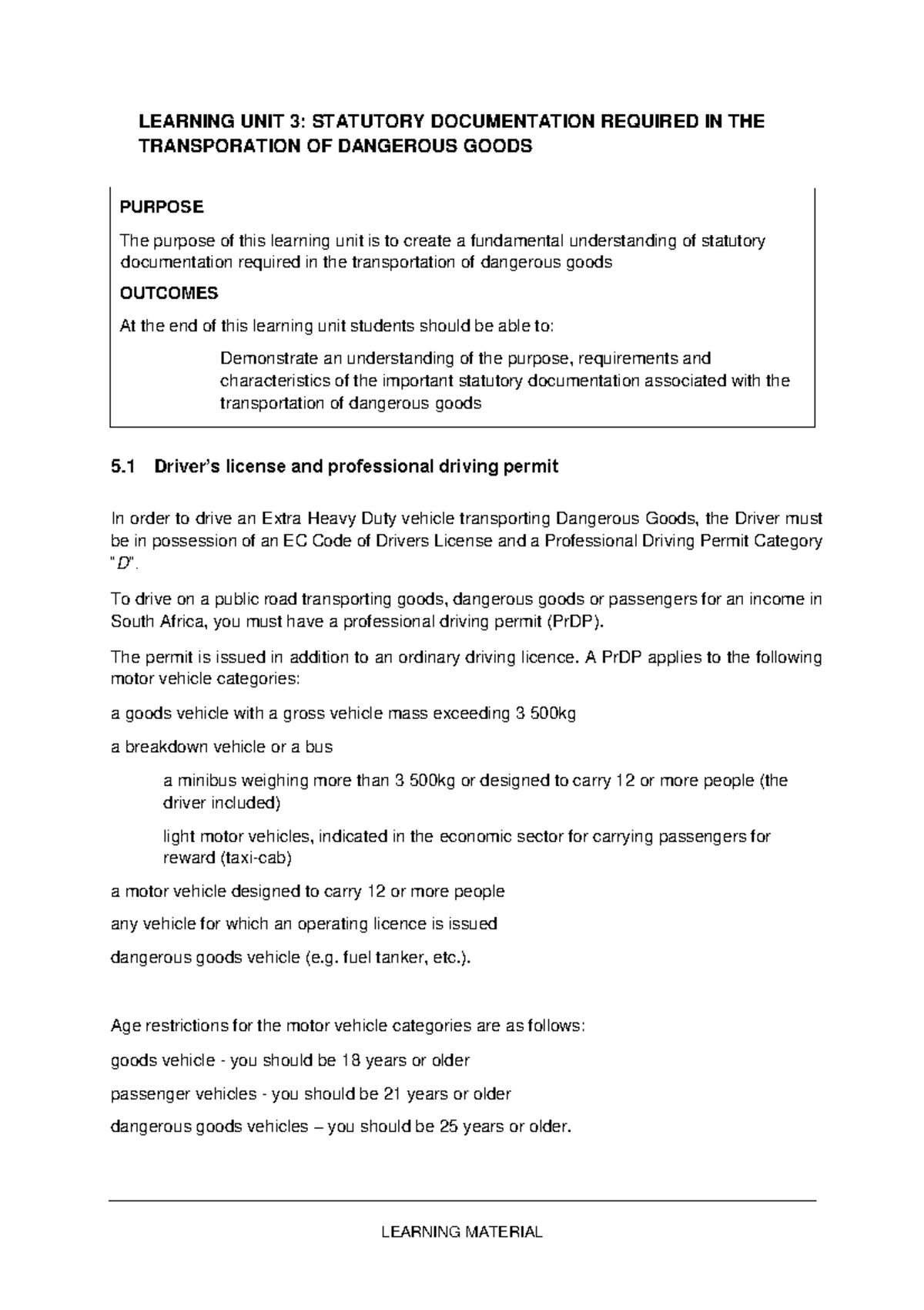 Statutory Docs for Transp. of Dangerous Goods - Learning Unit 3 - Studocu