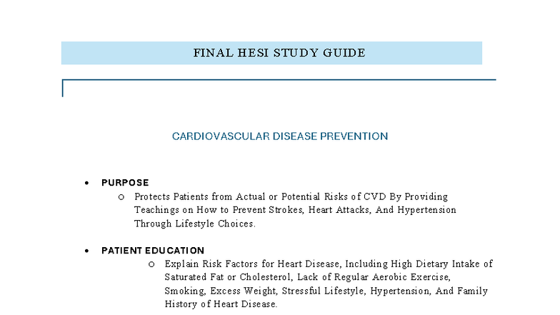 FINAL HESI STUDY GUIDE: Cardiovascular Disease Prevention & Patient ...