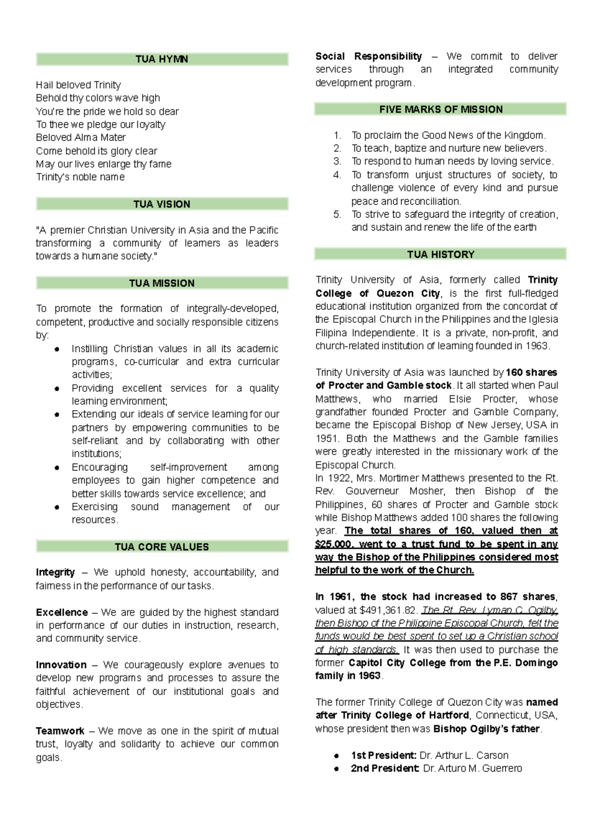 TUA Overview: Mission, Vision, Values and Historical Highlights - Studocu