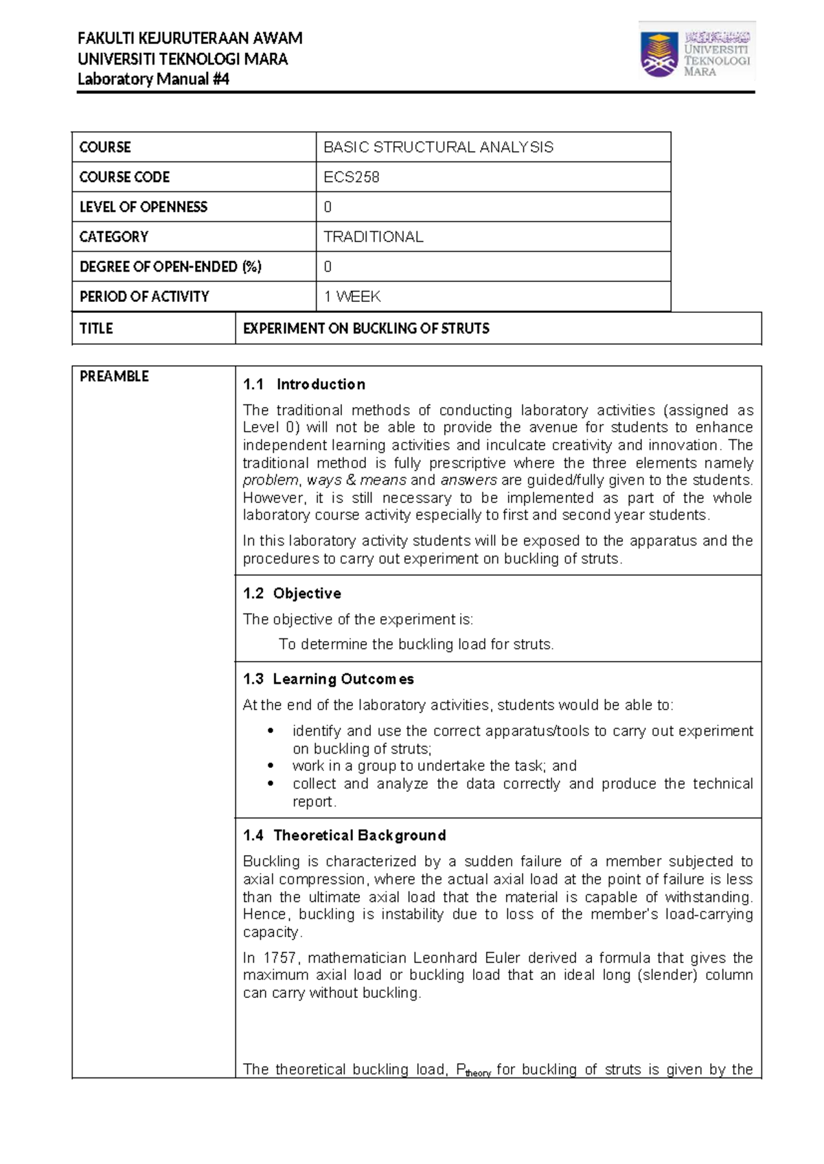 ECS258 Laboratory Manual: Buckling of Struts Experiment - Studocu