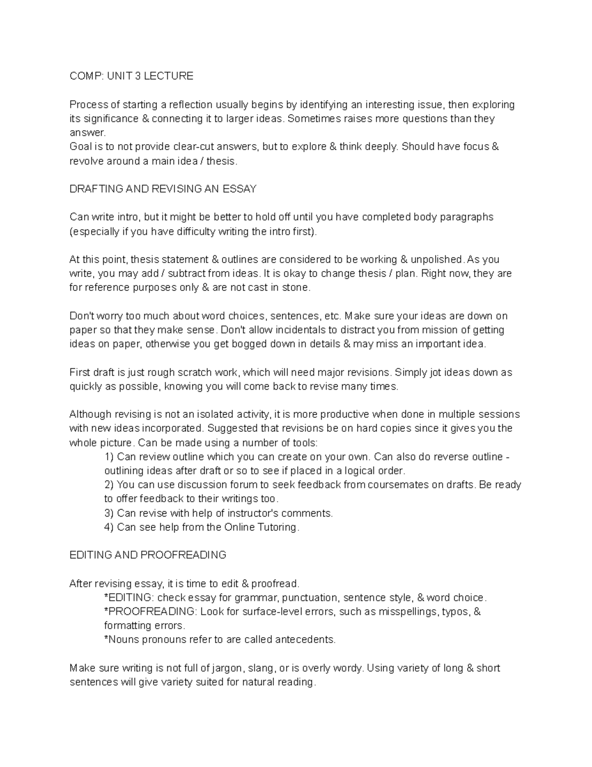 COMP 101: Unit 3 Lecture on Essay Drafting & Revising Techniques - Studocu