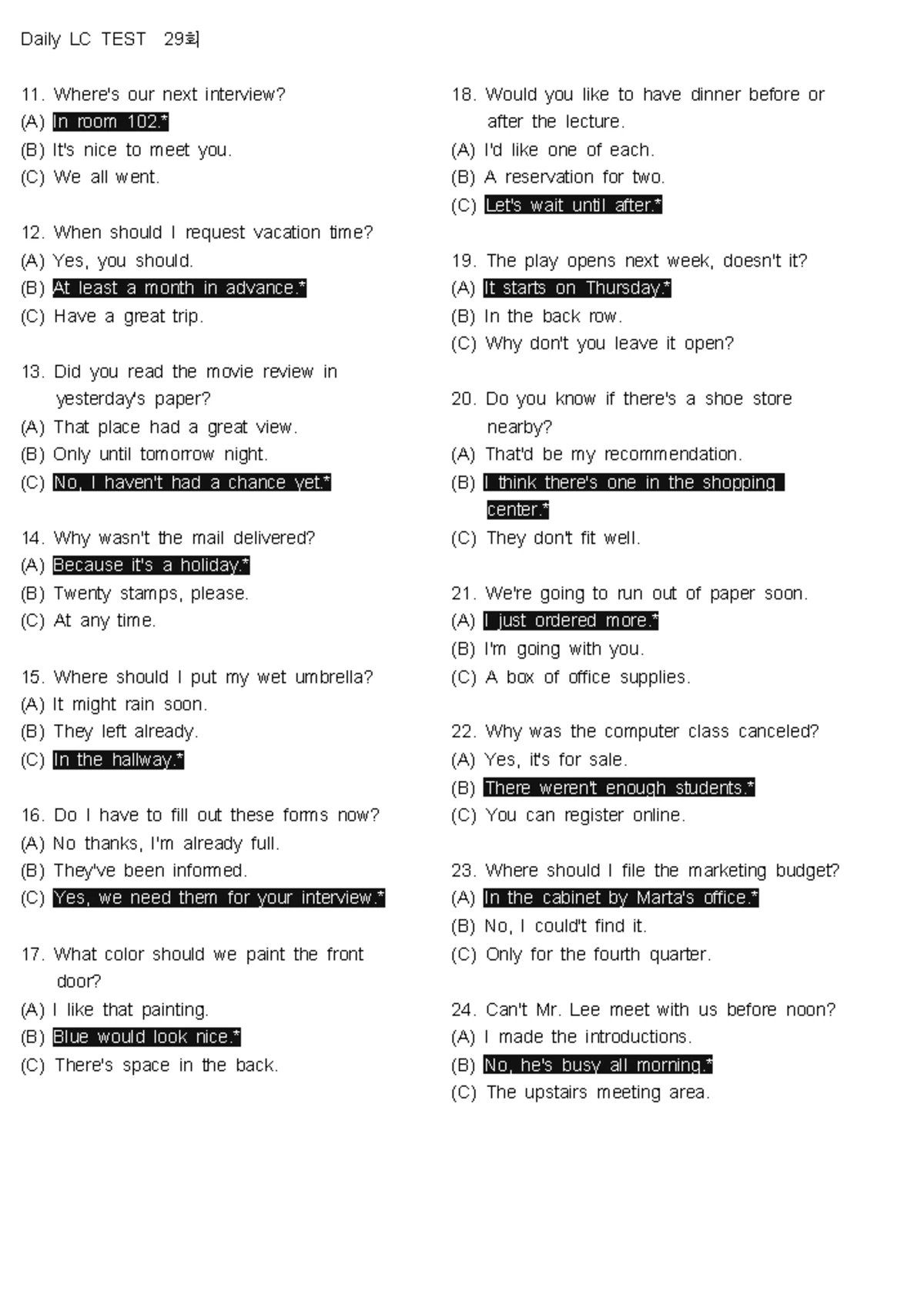 Daily LC Test 30회 - Practice Questions and Answers - Studocu