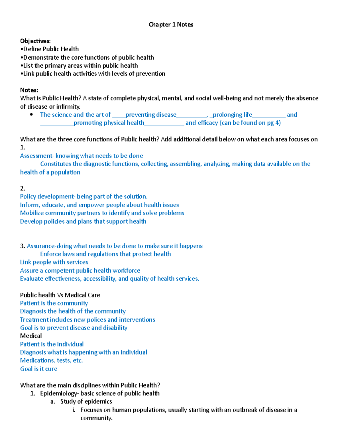 Chapter 1 Notes - Chapter 1 Notes Objectives: •Define Public Health ...