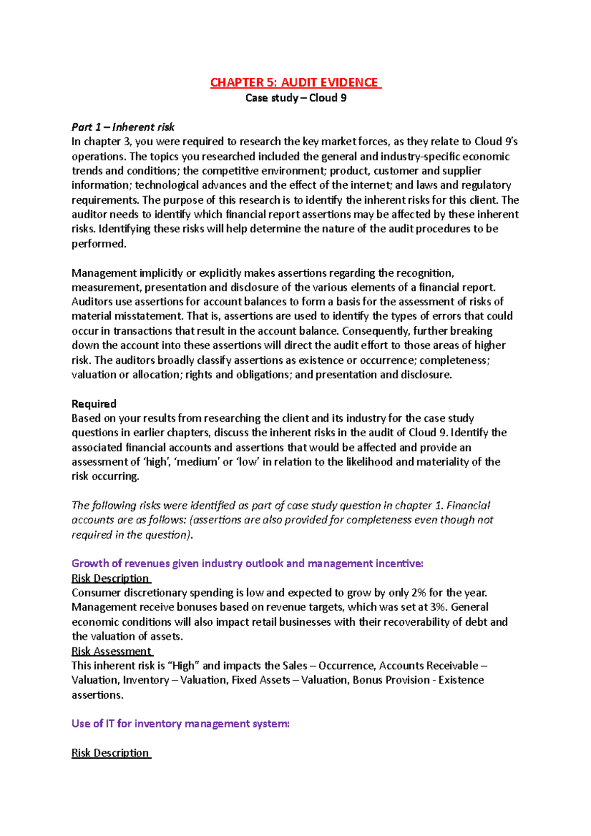 Chapter 5 Case Study: Analyzing Audit Evidence for Cloud 9 - Studocu