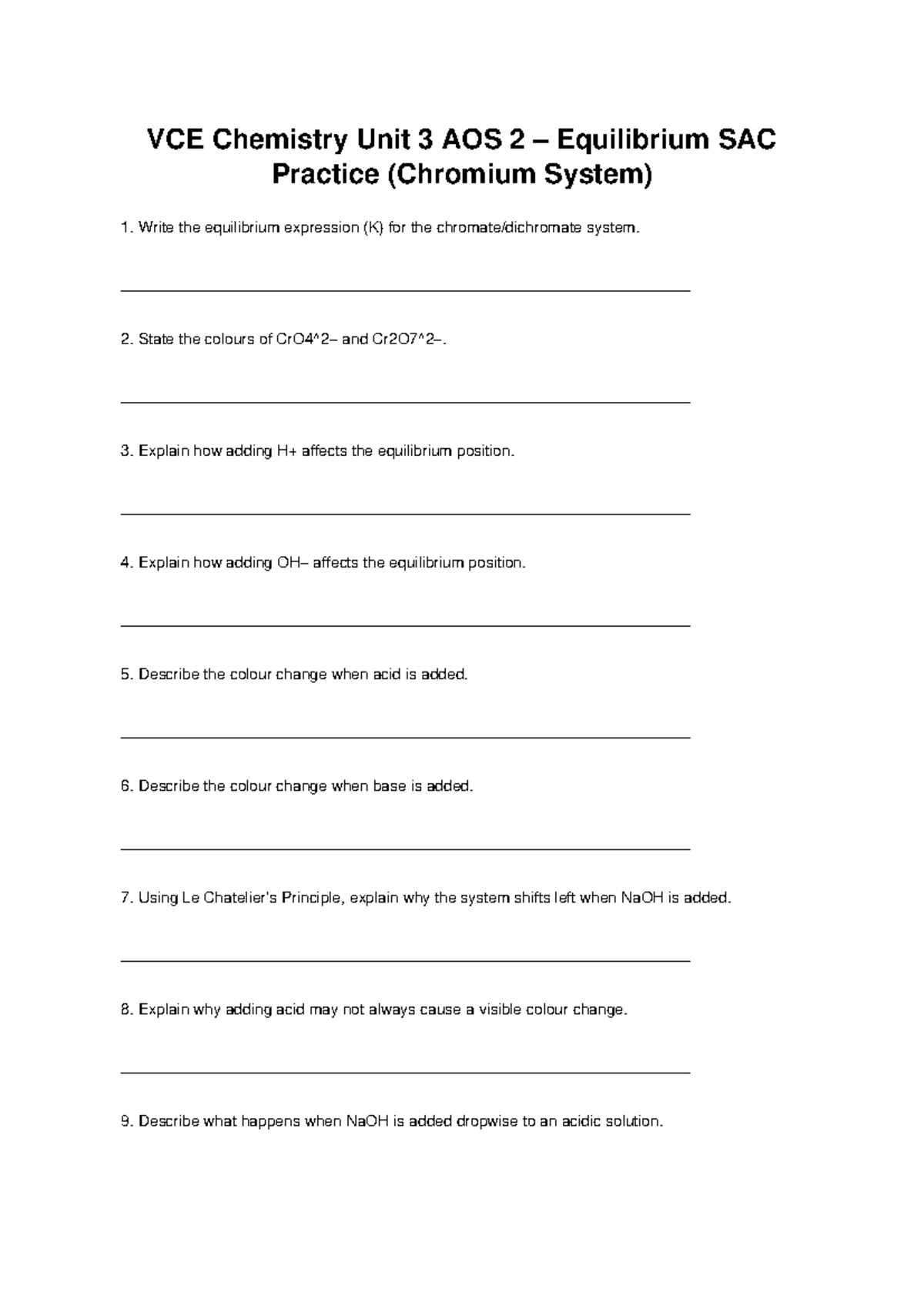 VCE Chemistry Unit 3 AOS 2 Equilibrium SAC Practice Guide - Studocu