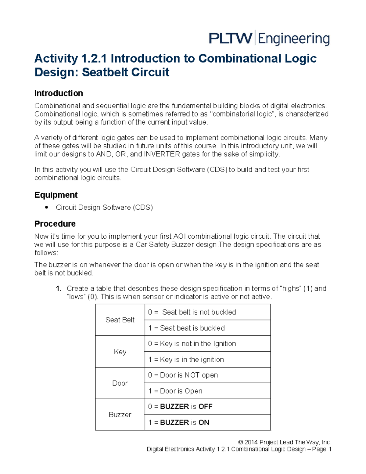 1.2.1.A Combinational Logic Design Seatbelt - Activity 1.2 