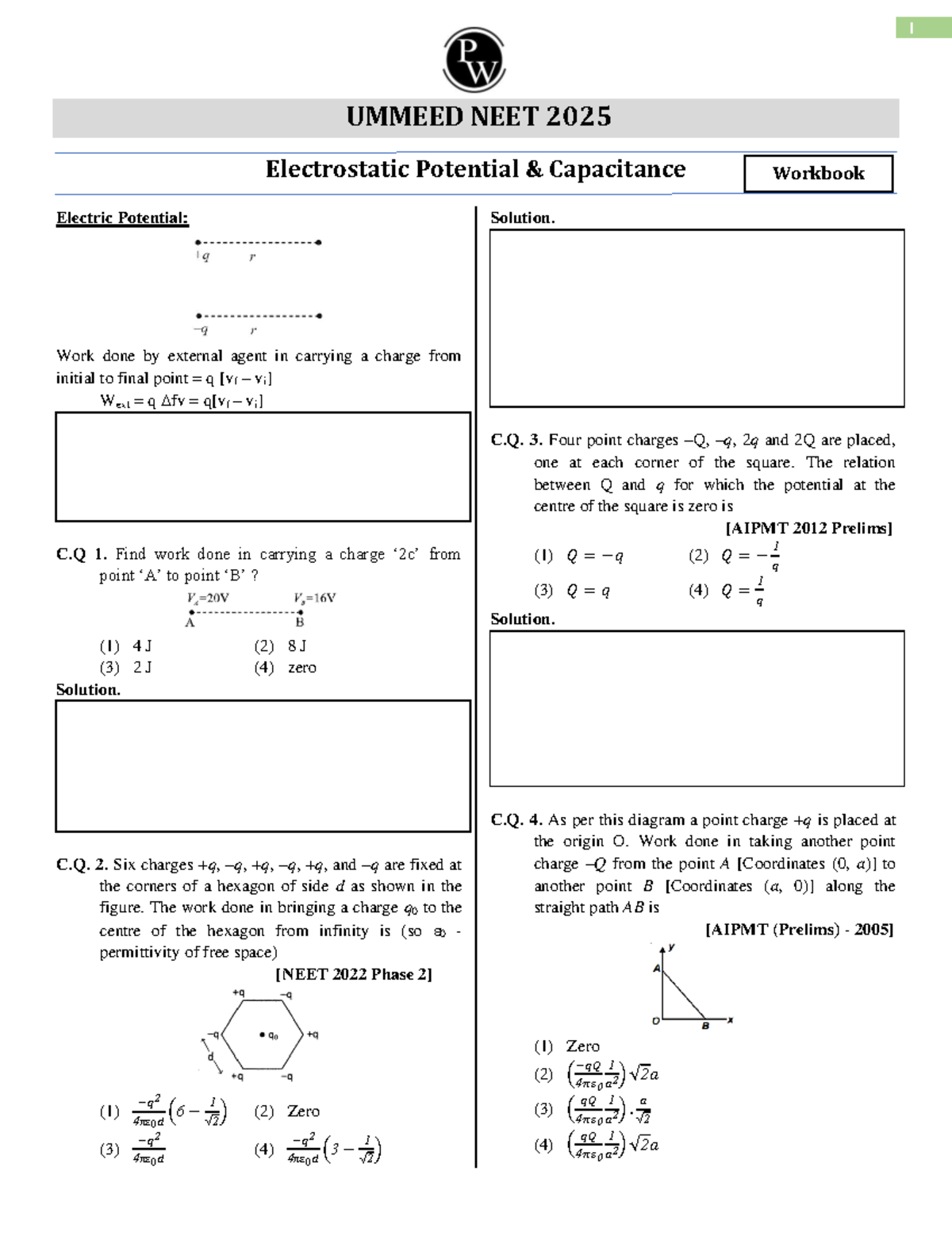 Workbook solutions for electrostatic potential and capacitance: UMMEED ...