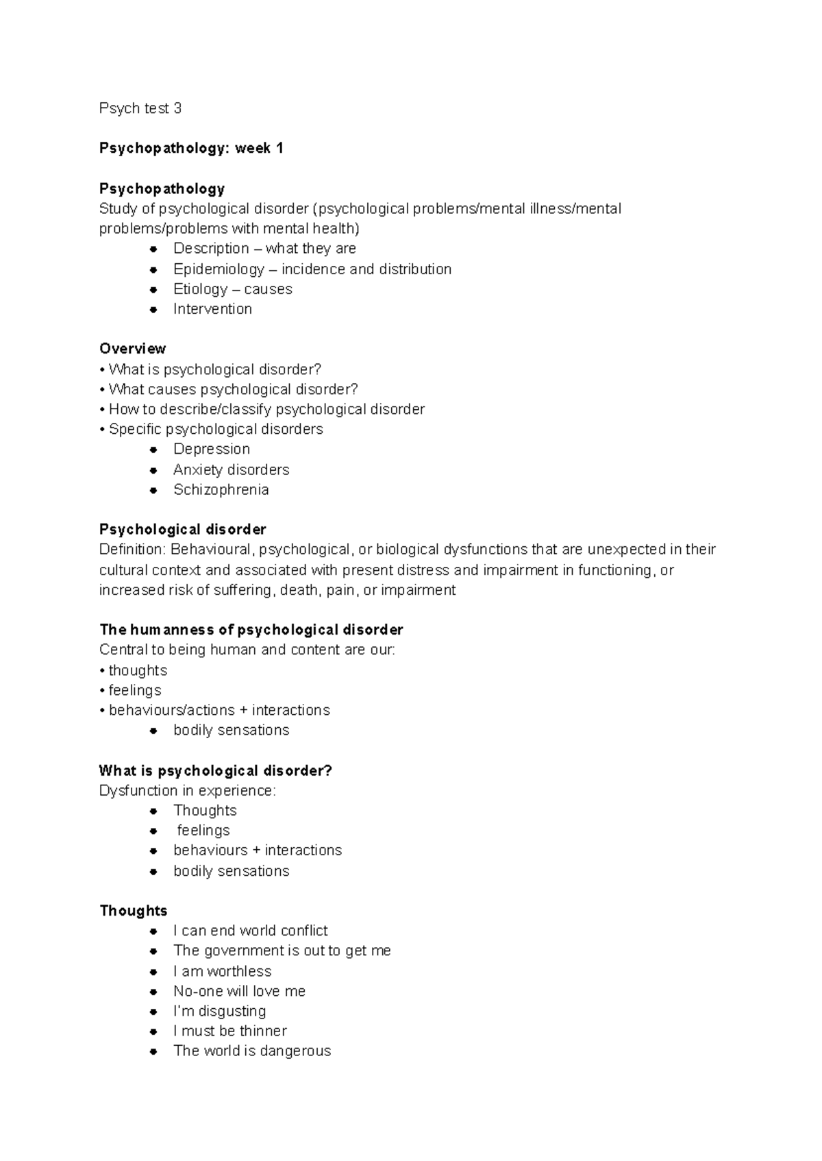 Psych 101: Week 7 Lecture Notes on Psychopathology and Disorders - Studocu