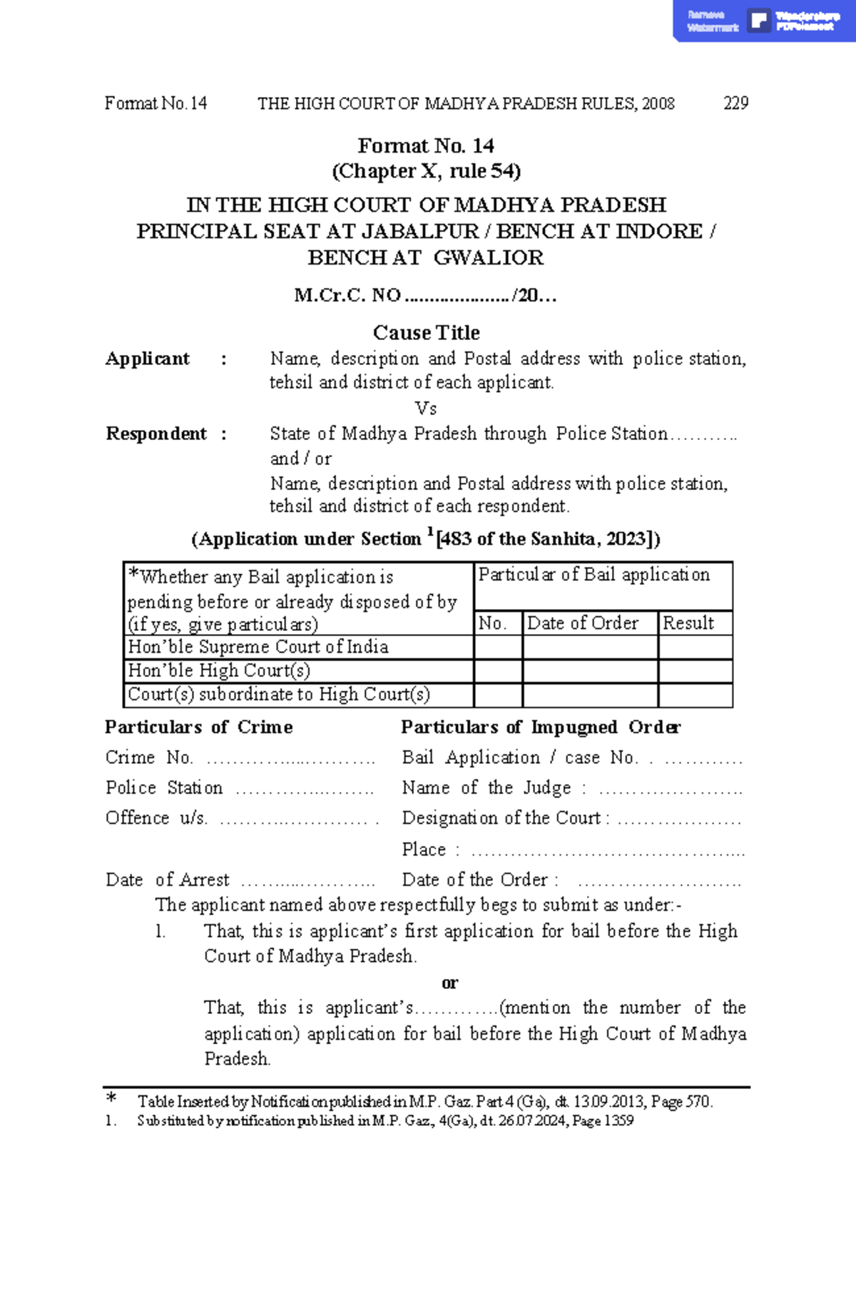 Regular Bail Application Format No. 14 - High Court of Madhya Pradesh ...