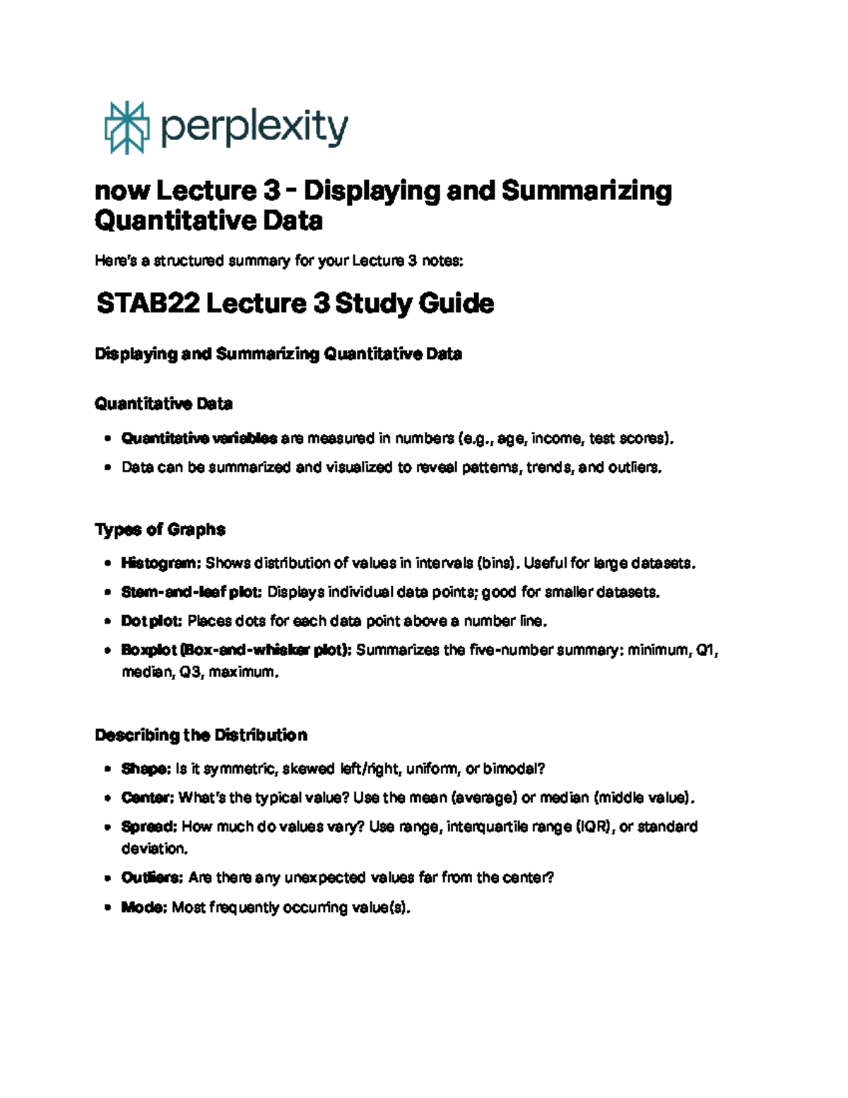 STAB22 Lecture 3 Study Guide: Summarizing Quantitative Data - Studocu
