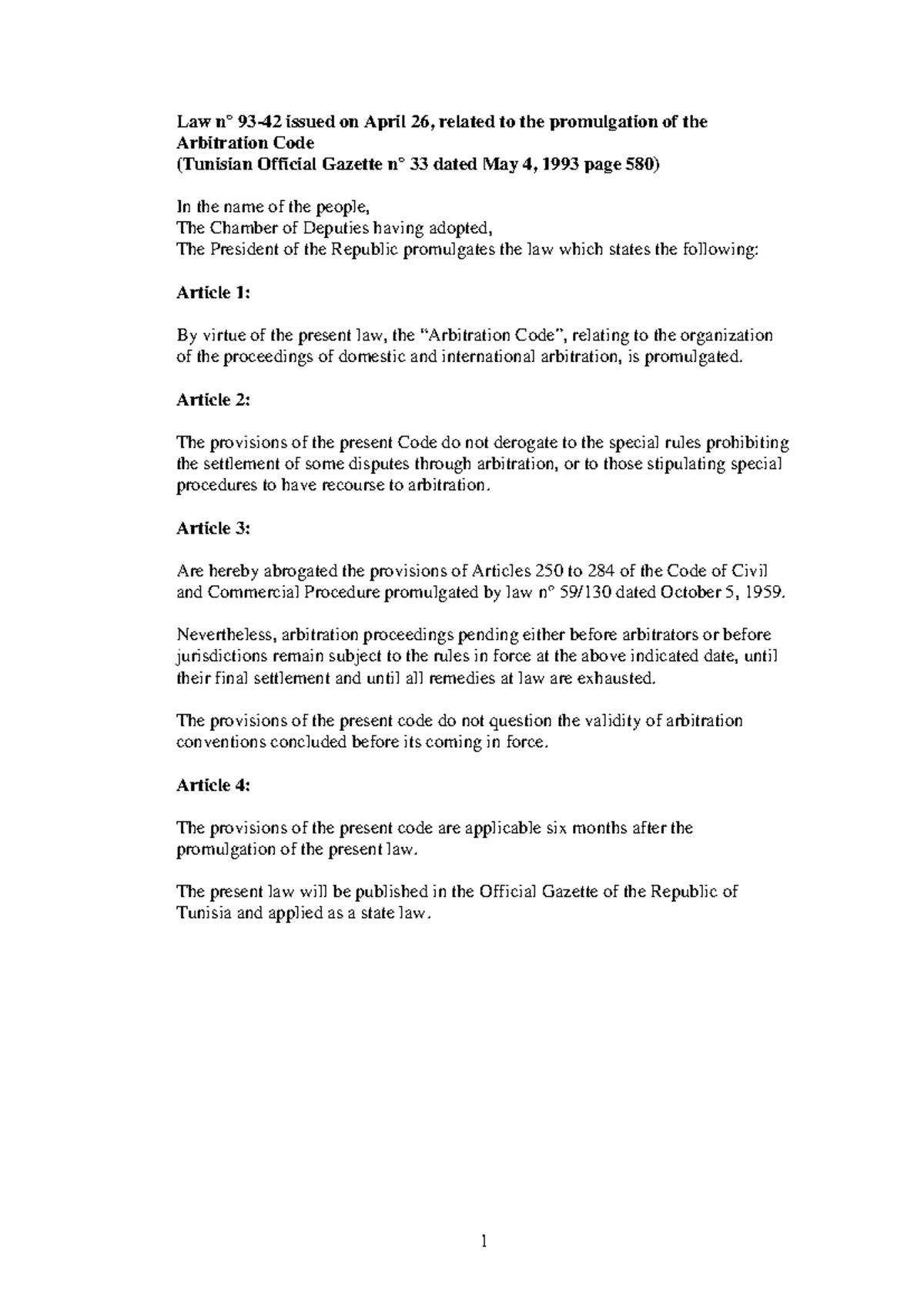 Tunisian Arbitration Code: Law Promulgated on April 26, 1993 - Studocu
