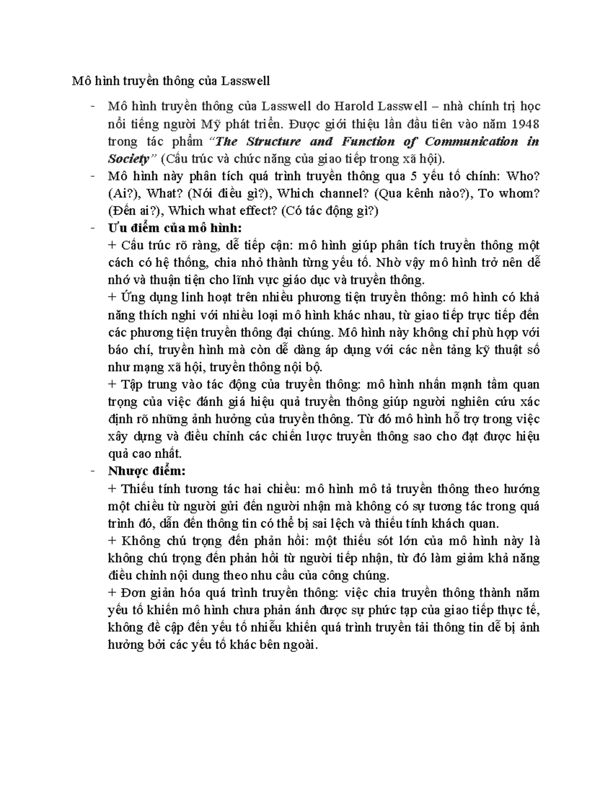 Mô hình truyền thông của Lasswell: Phân tích và Ứng dụng - Document Preview