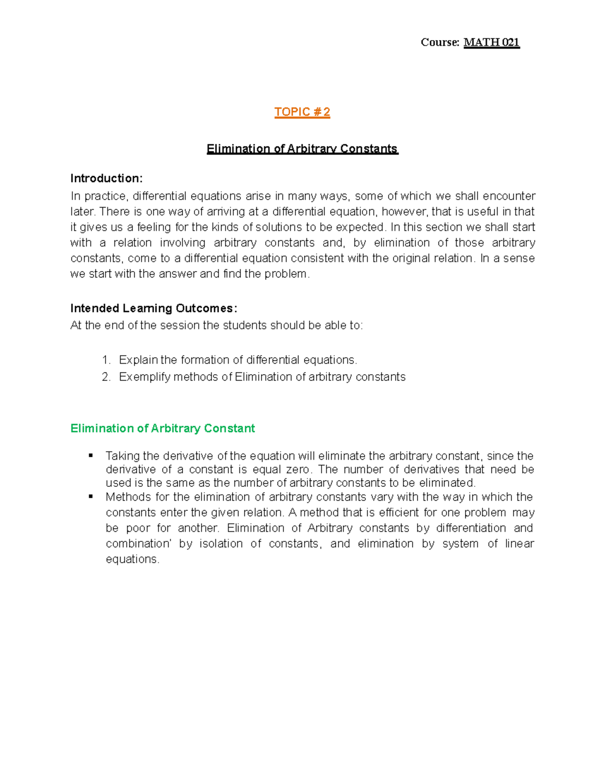 Lesson 2 Elimination of Arbitrary Constants - Differential Equations ...