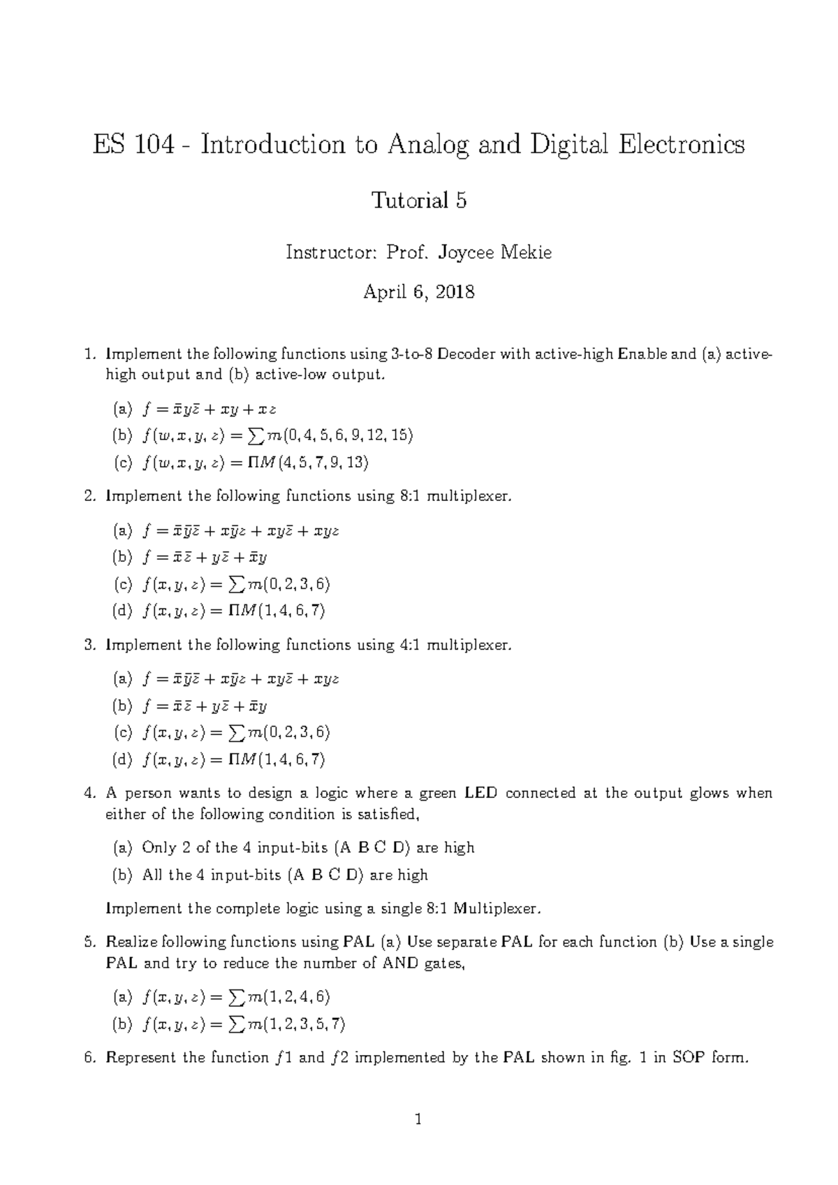 Tutorial 5 - ES 104 - Introduction to Analog and Digital Electronics ...