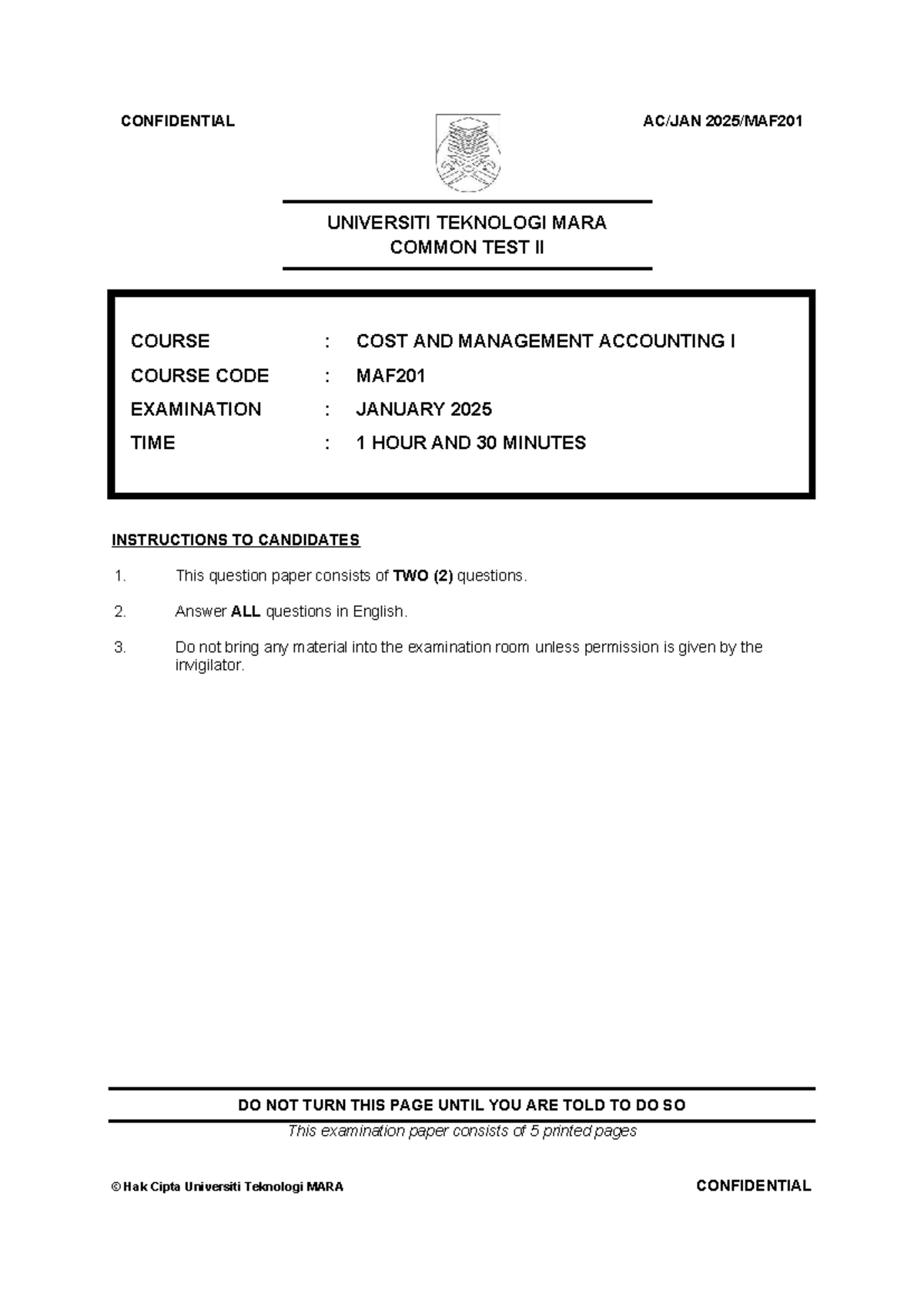 Common Test II MAF201 Cost & Management Accounting - Jan 2025 - Studocu
