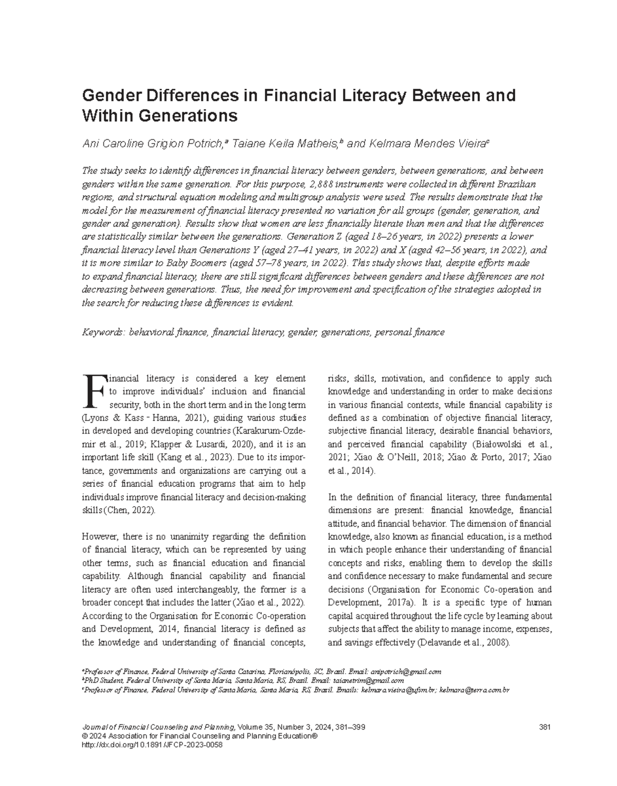Gender Differences in Financial Literacy Across Generations: A Study ...