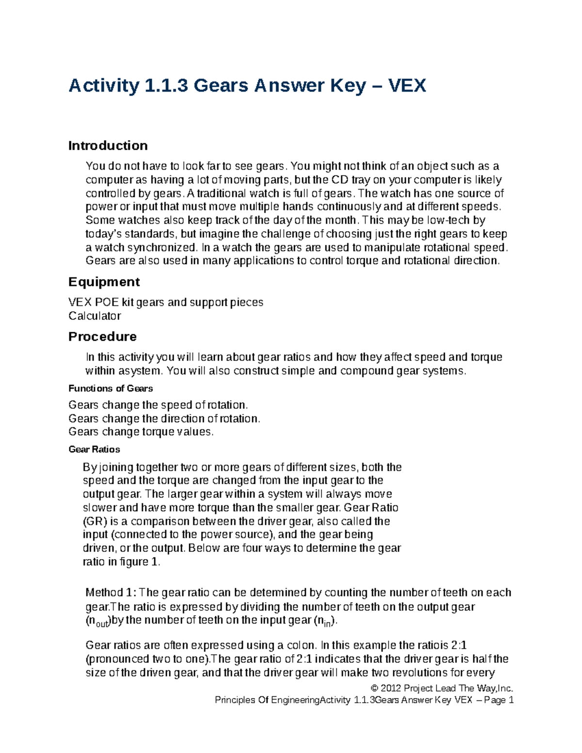 Activity 1.1.3 - Gears Answer Key for VEX Robotics Systems - Studocu
