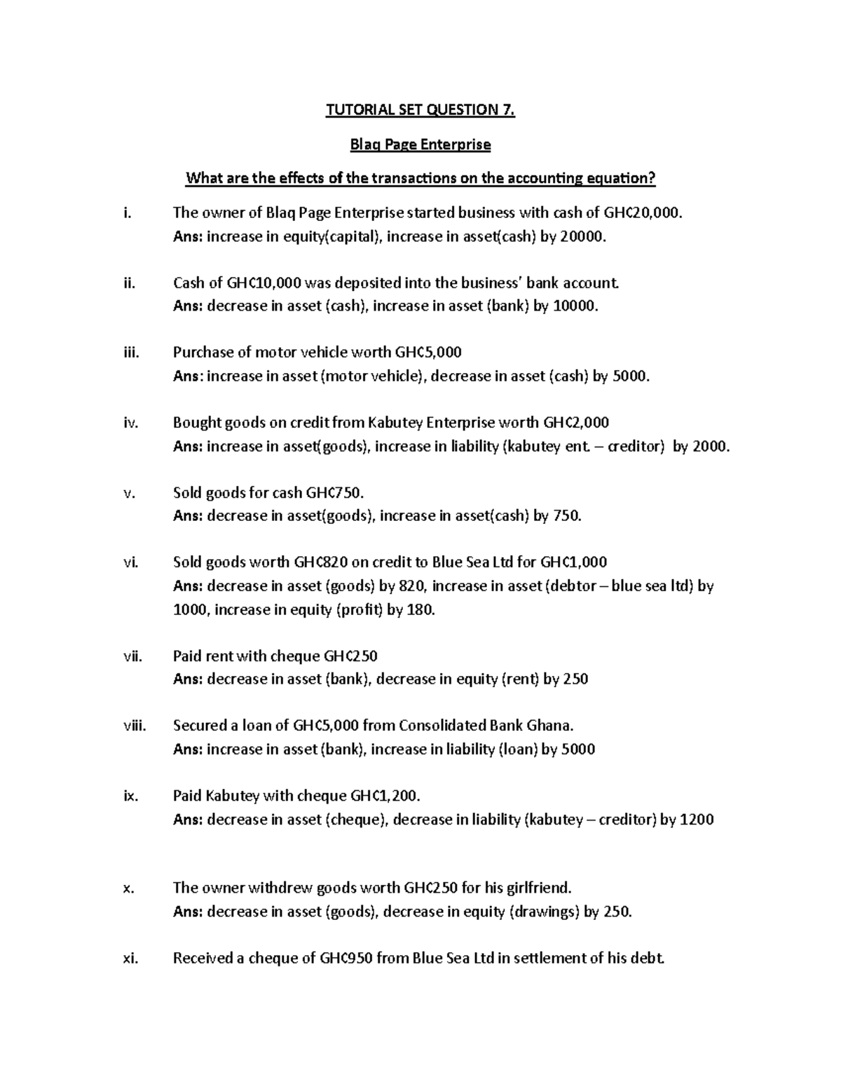 Tutorial SET Question 7: Effects of Transactions on Accounting Equation ...