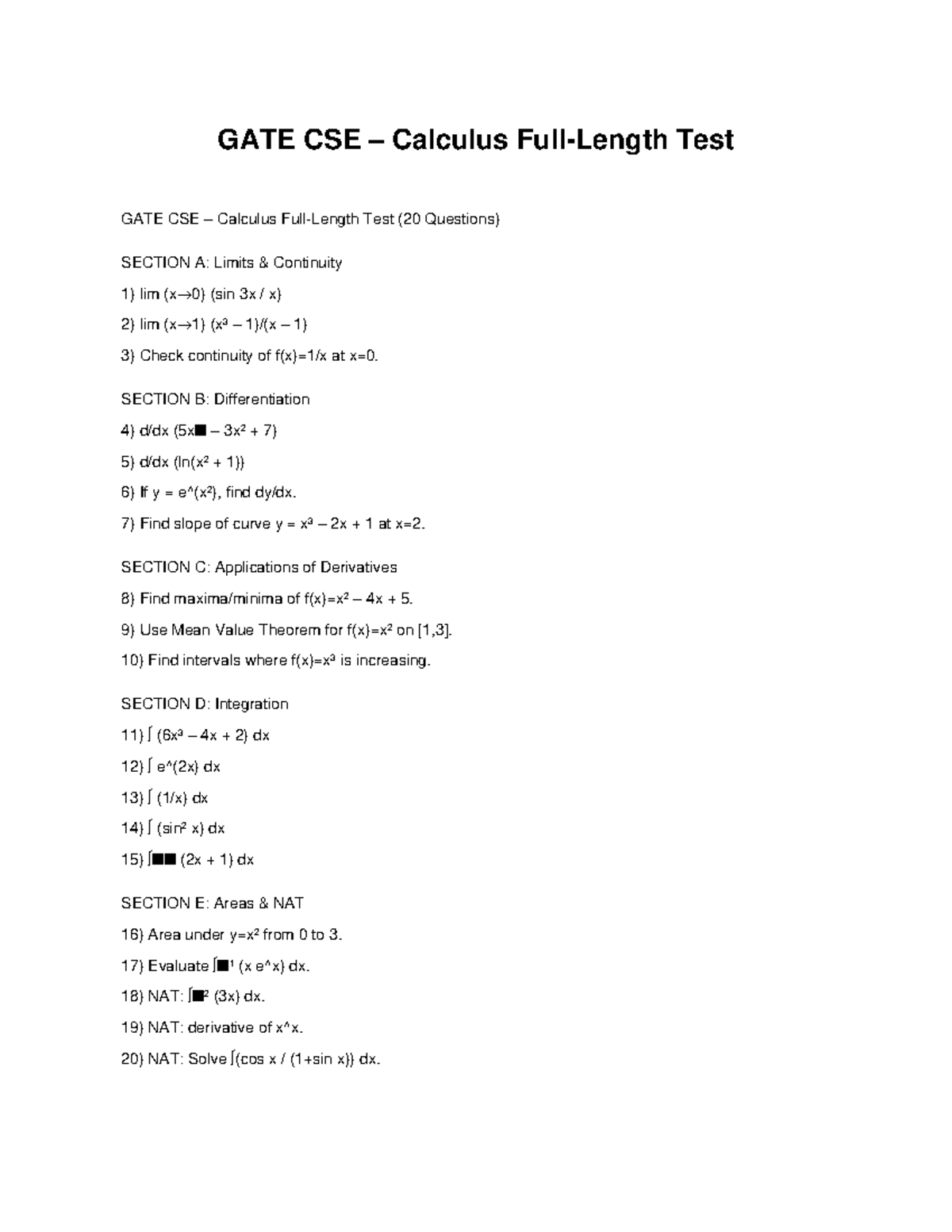 GATE CSE Calculus Full Length Test (20 Questions) - Studocu