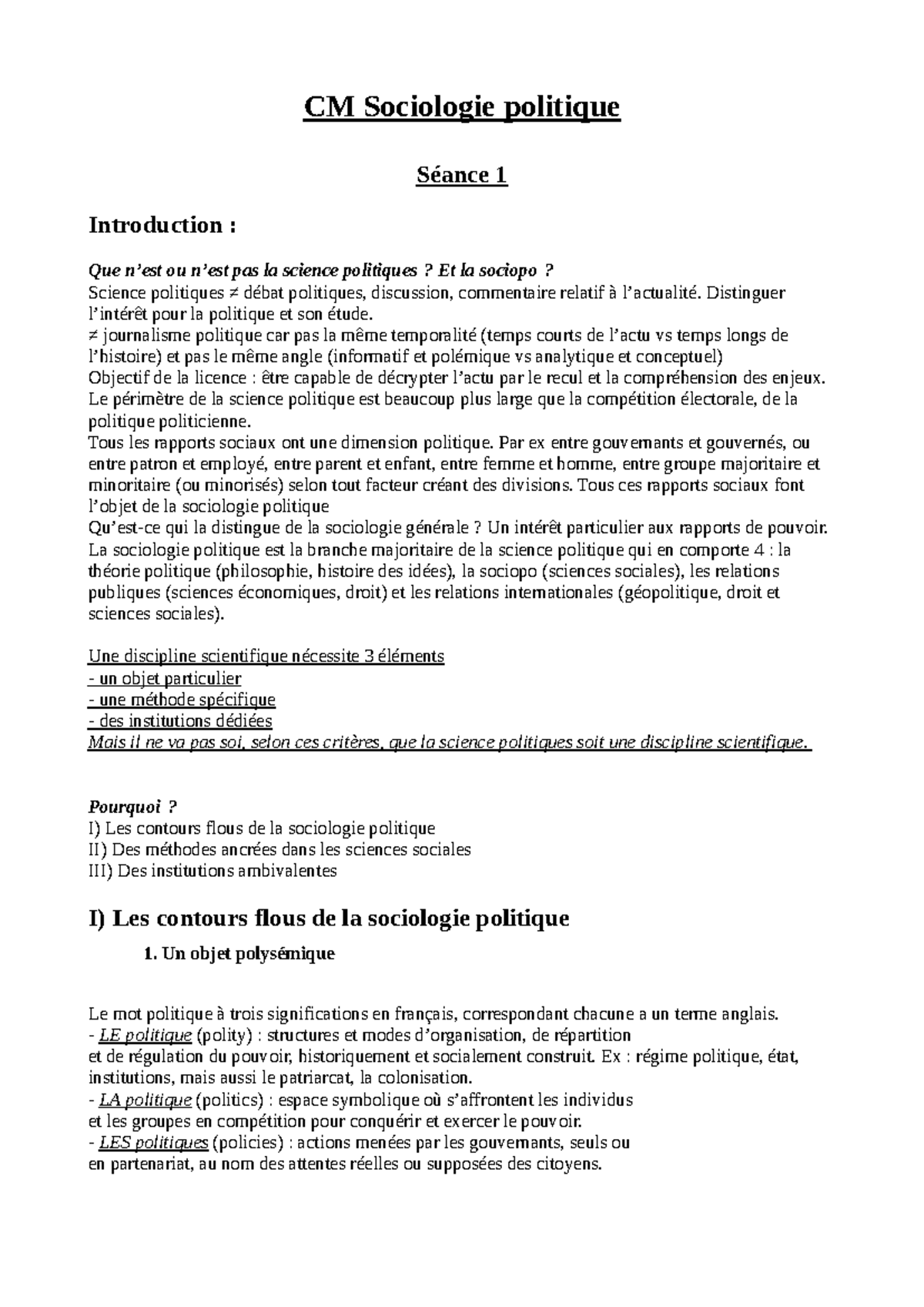 CM Sociologie politique Séance 1 : Introduction à la Science Politique ...