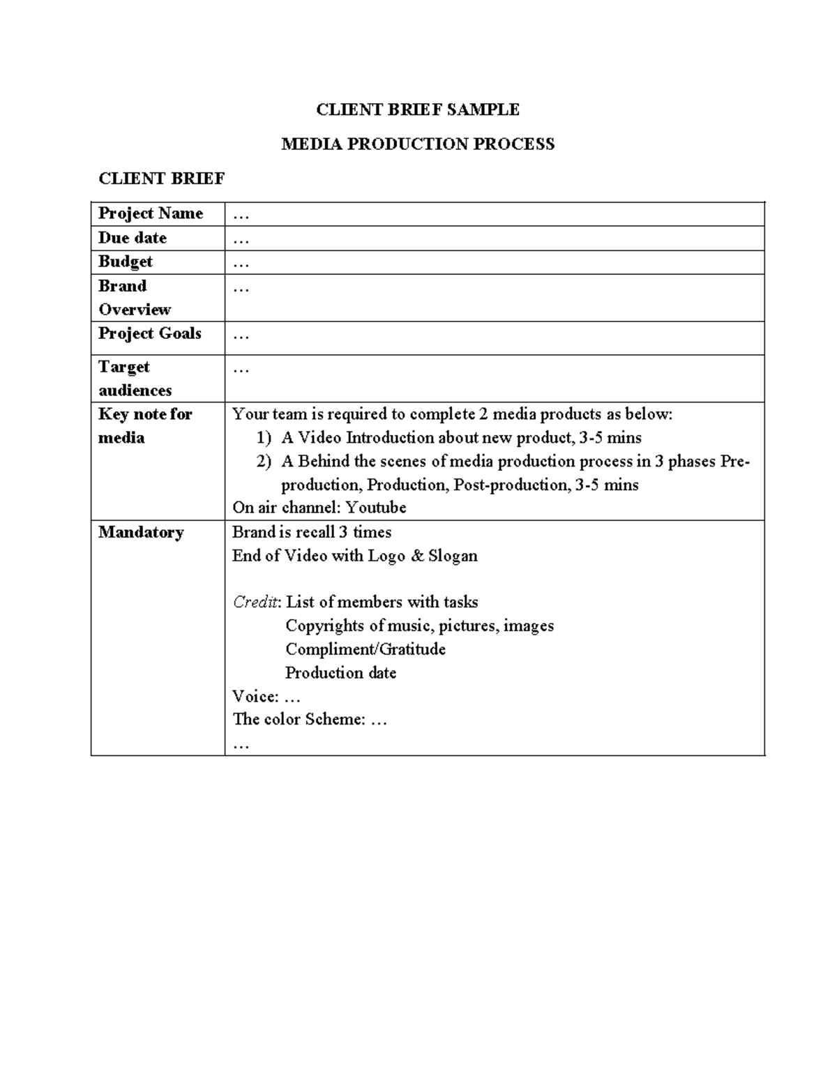 Client Brief FOR Final Media Product- Sample - CLIENT BRIEF SAMPLE ...
