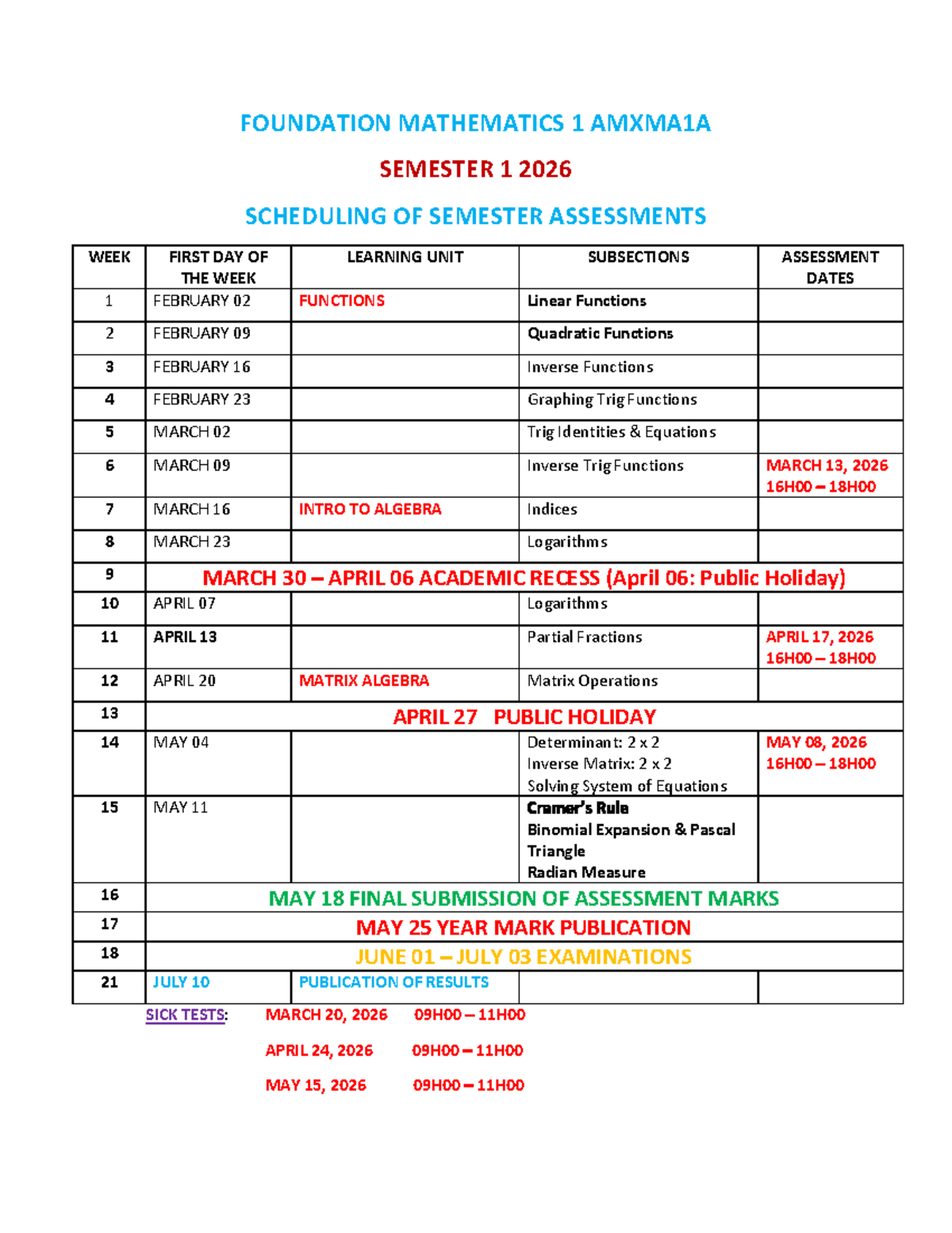 AMXMA1A 2026 Foundation Mathematics Assessment Schedule - Studocu