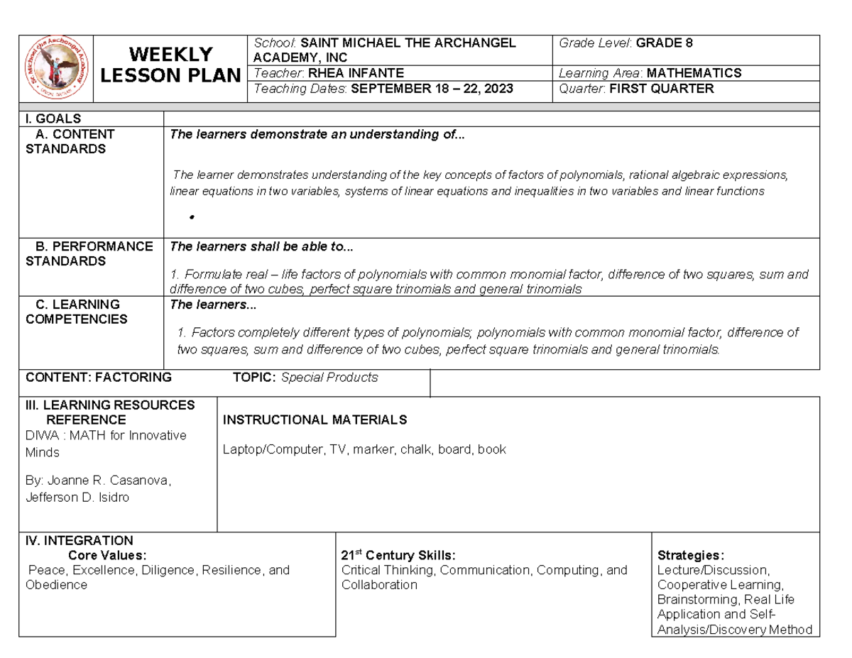 Weekly Lesson Plan - MATH 8 - September 18-22, 2023 - Studocu
