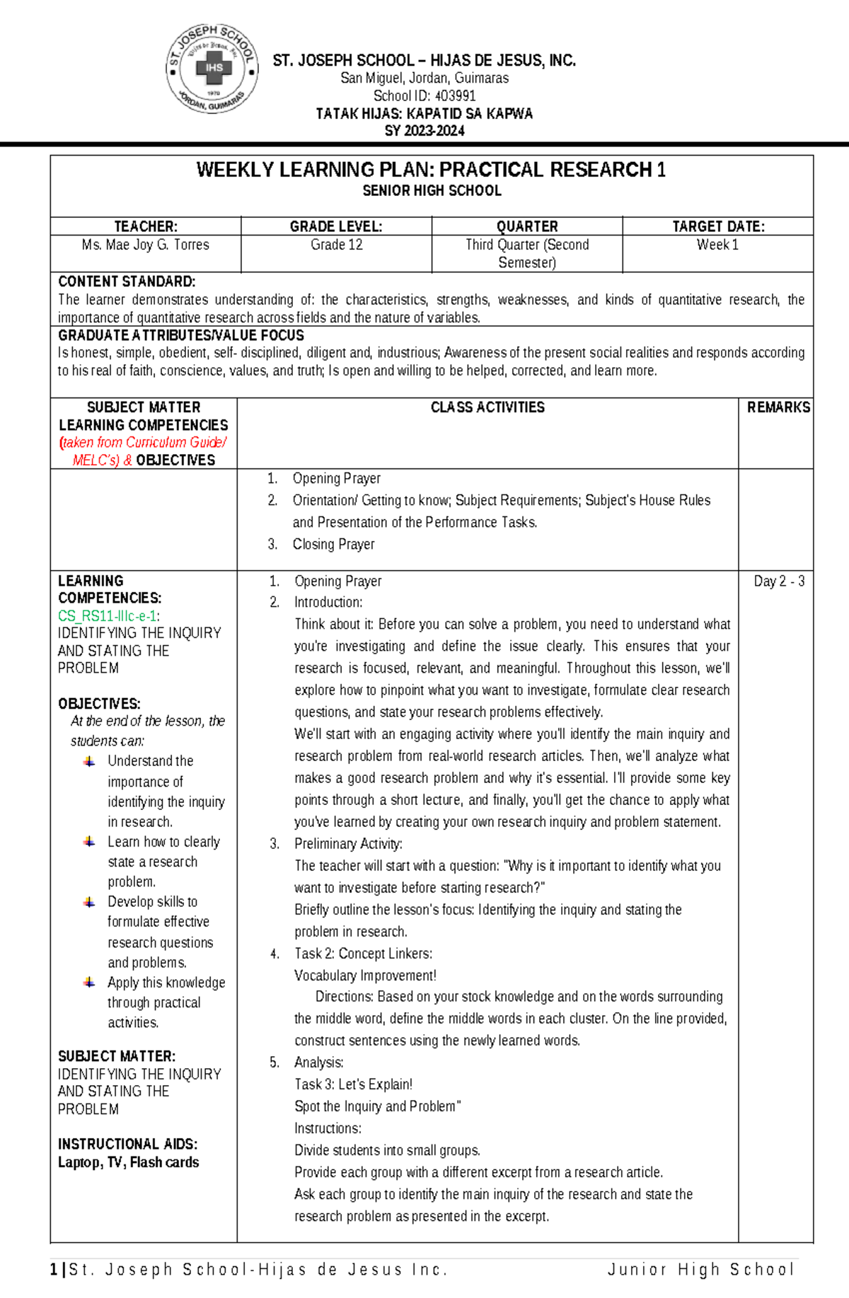Weekly Learning Plan for Practical Research 1 - Grade 12 - Q3 - Studocu